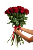 Букет из 25 красных роз (Эквадор) 70 см "Эксплорер" с лентой 2534